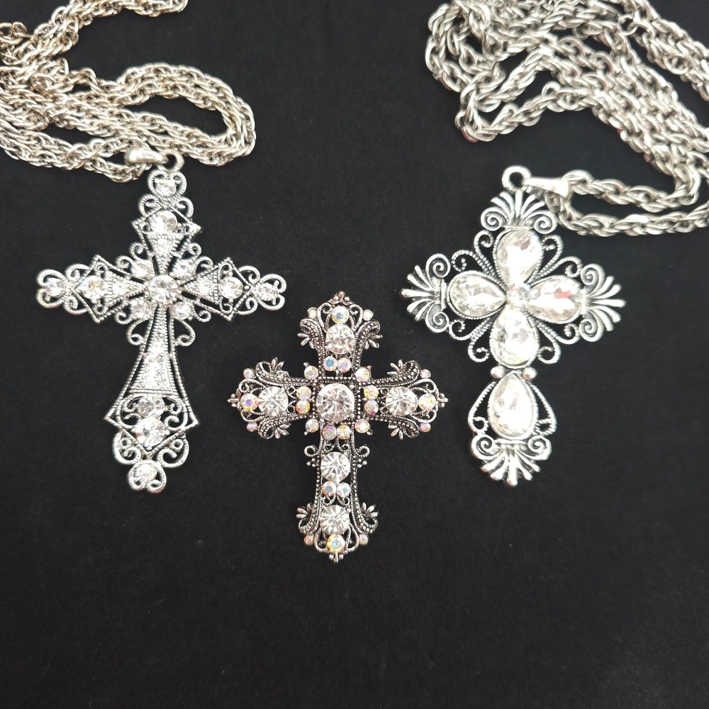 Vintage Rhinestone Cross Necklace Brooch Lot 3pc Gothic Silver Tone Faith